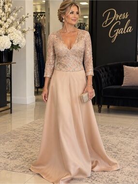 Elegant V-Neck A-line Evening Gown - Champagne/Taupe size 16 Alyce Paris
